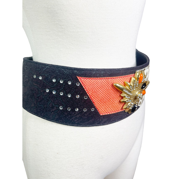 Leo Isba Vintage 1980's Suede Patchwork Jeweled Leopard Waist Cincher Belt - Picture 4 of 8